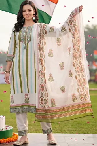 women ethnic motifs printed regular thread work cotton kurta with trousers & with dupatta