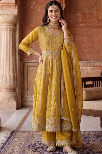 women ethnic motifs embroidered empire kurta with palazzos & with dupatta
