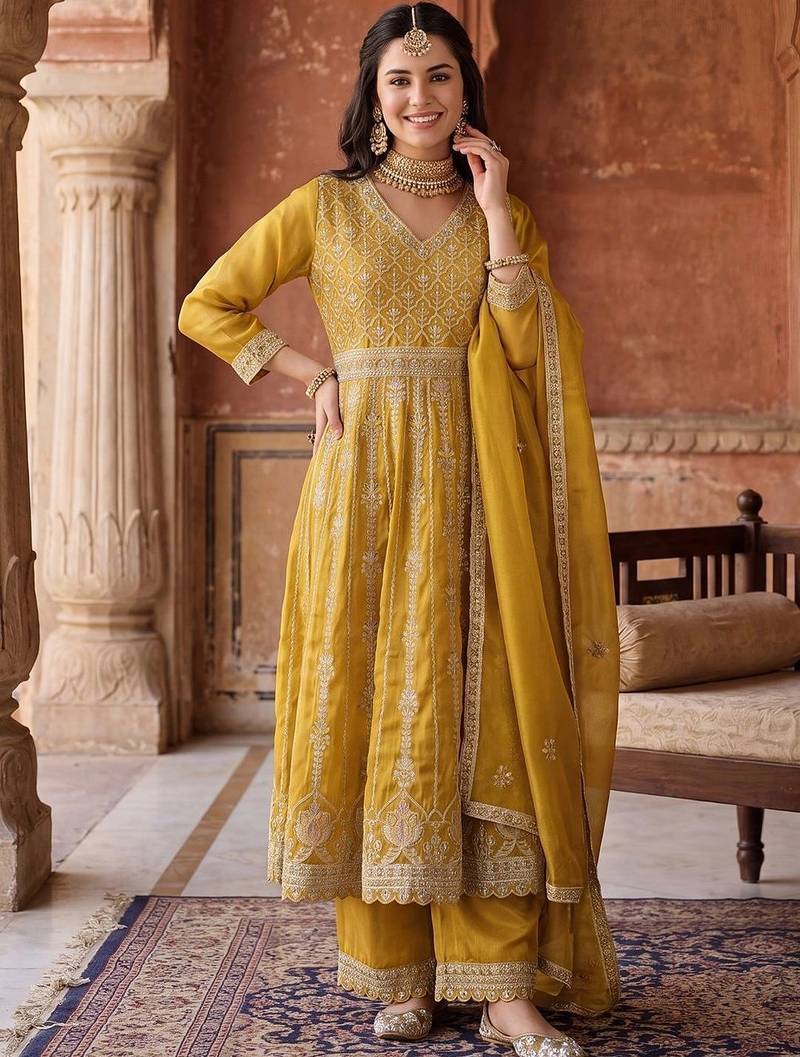 women ethnic motifs embroidered empire kurta with palazzos & with dupatta