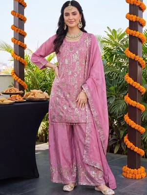 women ethnic motifs embroidered regular sequinned kurta with palazzos & with dupatta 1