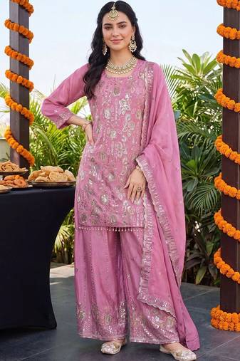 women ethnic motifs embroidered regular sequinned kurta with palazzos & with dupatta