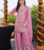 women ethnic motifs embroidered regular sequinned kurta with palazzos & with dupatta