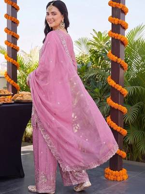 women ethnic motifs embroidered regular sequinned kurta with palazzos & with dupatta 2