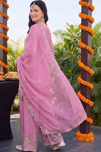 women ethnic motifs embroidered regular sequinned kurta with palazzos & with dupatta