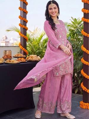 women ethnic motifs embroidered regular sequinned kurta with palazzos & with dupatta 3