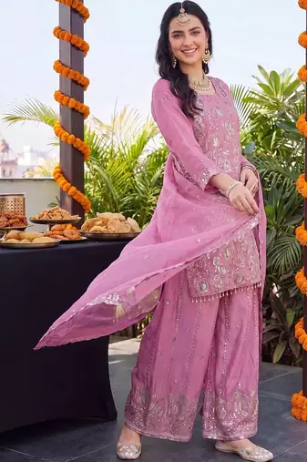 women ethnic motifs embroidered regular sequinned kurta with palazzos & with dupatta