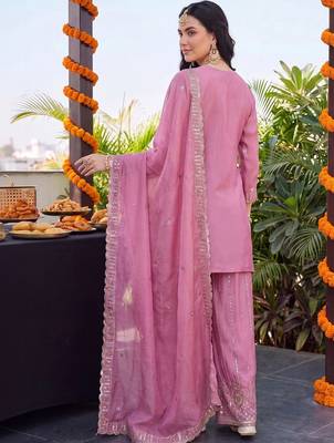 women ethnic motifs embroidered regular sequinned kurta with palazzos & with dupatta 4