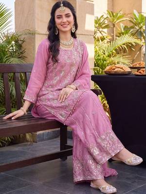 women ethnic motifs embroidered regular sequinned kurta with palazzos & with dupatta 5