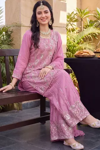 women ethnic motifs embroidered regular sequinned kurta with palazzos & with dupatta