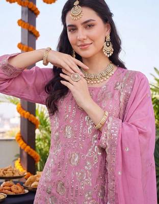 women ethnic motifs embroidered regular sequinned kurta with palazzos & with dupatta 6