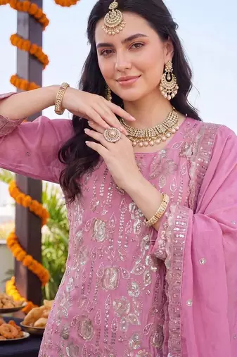 women ethnic motifs embroidered regular sequinned kurta with palazzos & with dupatta