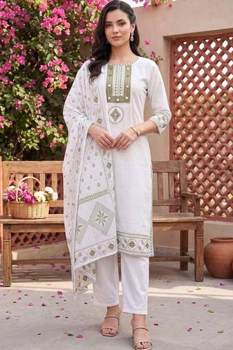 women ethnic motifs embroidered regular thread work cotton kurta with trousers & with dupatta