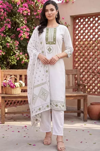 women ethnic motifs embroidered regular thread work cotton kurta with trousers & with dupatta