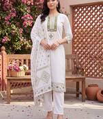 women ethnic motifs embroidered regular thread work cotton kurta with trousers & with dupatta