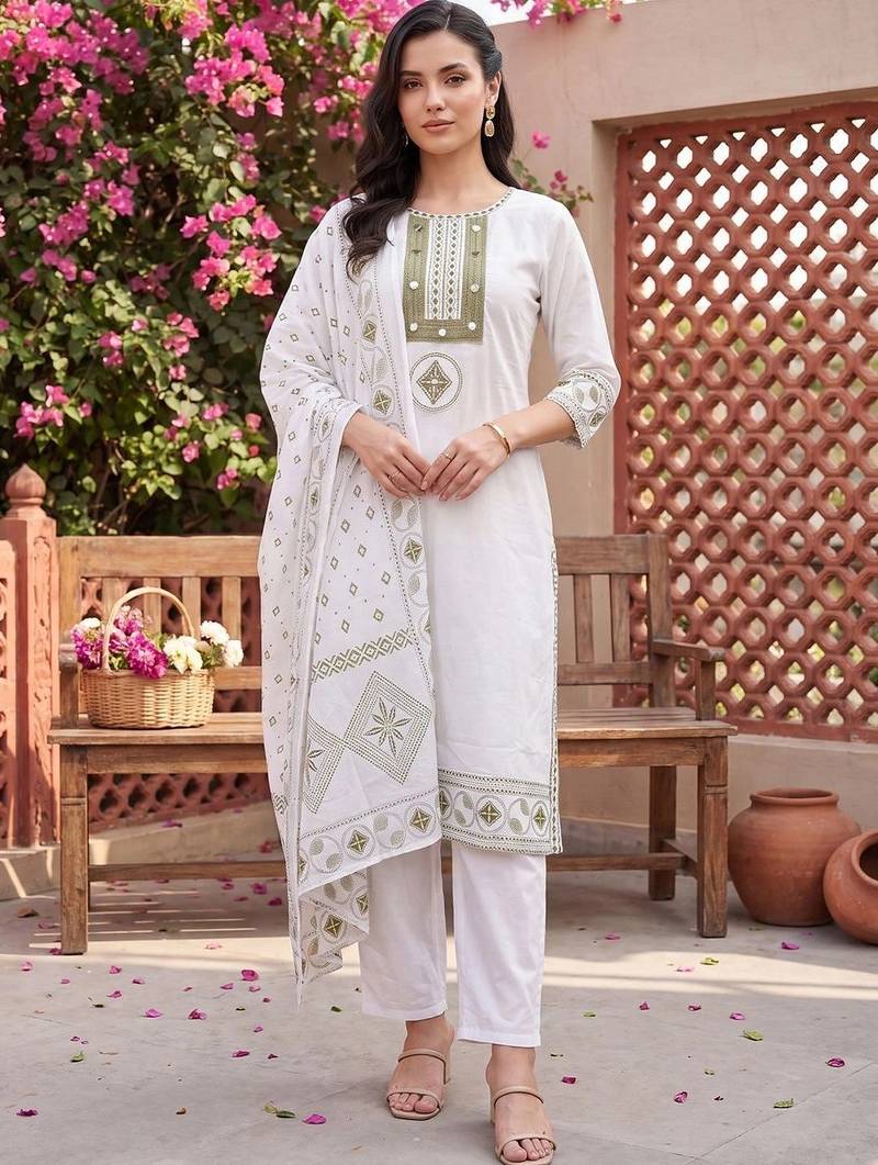 women ethnic motifs embroidered regular thread work cotton kurta with trousers & with dupatta
