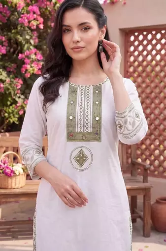 women ethnic motifs embroidered regular thread work cotton kurta with trousers & with dupatta