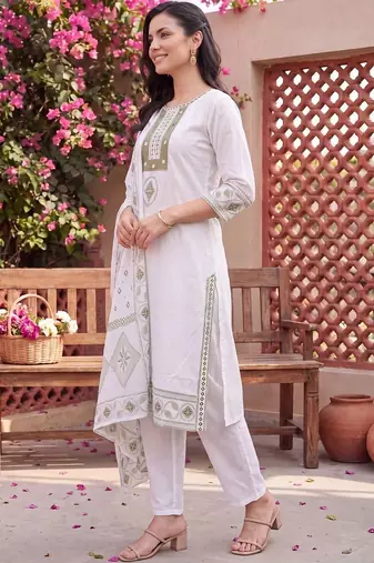women ethnic motifs embroidered regular thread work cotton kurta with trousers & with dupatta