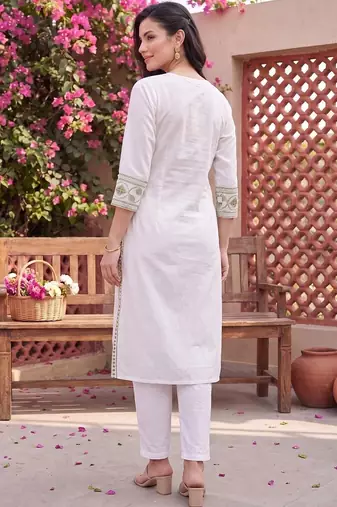 women ethnic motifs embroidered regular thread work cotton kurta with trousers & with dupatta