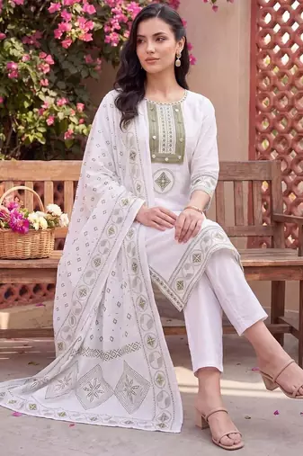women ethnic motifs embroidered regular thread work cotton kurta with trousers & with dupatta