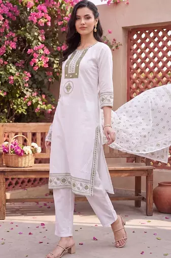women ethnic motifs embroidered regular thread work cotton kurta with trousers & with dupatta