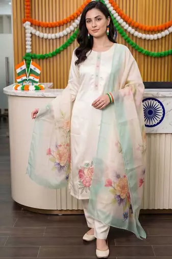 women floral embroidered regular thread work kurta with trousers & with dupatta