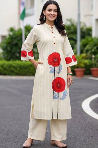 women floral printed regular cotton kurta with trousers