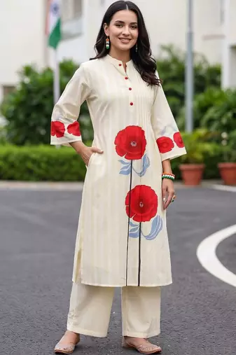 women floral printed regular cotton kurta with trousers