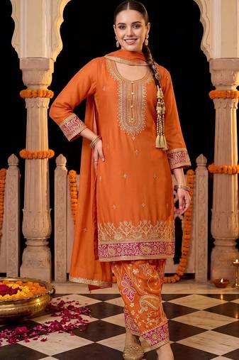 women ethnic motifs embroidered regular kurta with patiala & with dupatta