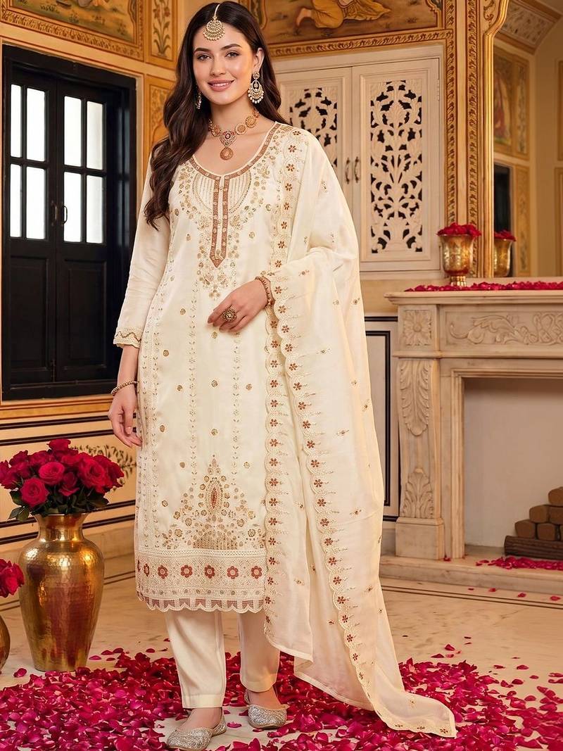women ethnic motifs embroidered regular kurta with trousers & with dupatta