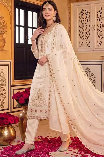 women ethnic motifs embroidered regular kurta with trousers & with dupatta