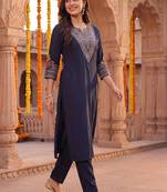 women ethnic motifs embroidered regular thread work kurta with trousers