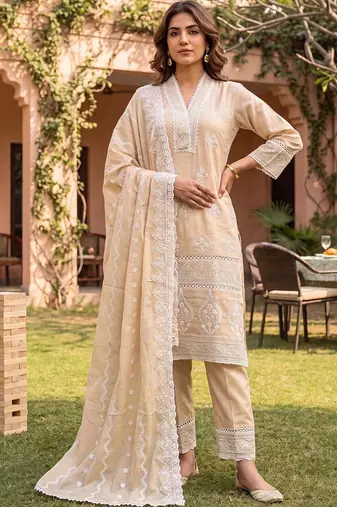 women ethnic motifs embroidered regular thread work cotton kurta with trousers & with dupatta