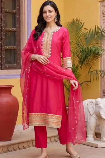 women ethnic motifs embroidered regular thread work kurta with trousers & with dupatta