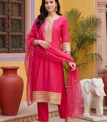 women ethnic motifs embroidered regular thread work kurta with trousers & with dupatta