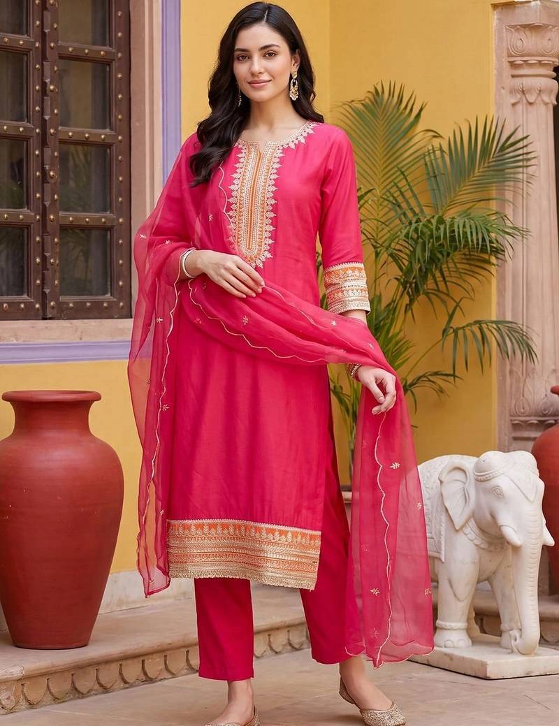 women ethnic motifs embroidered regular thread work kurta with trousers & with dupatta