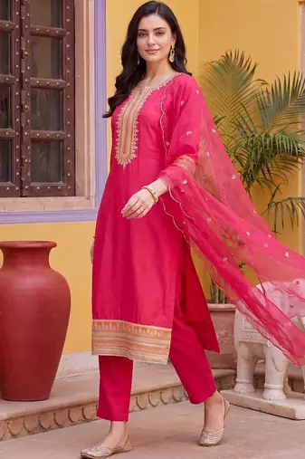 women ethnic motifs embroidered regular thread work kurta with trousers & with dupatta