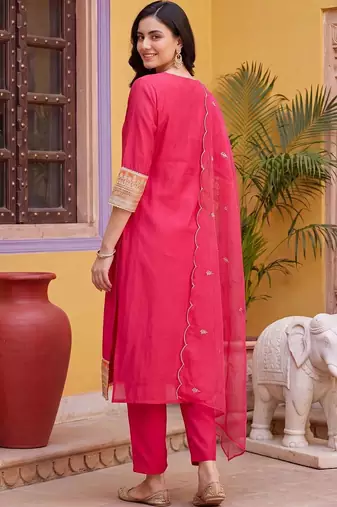 women ethnic motifs embroidered regular thread work kurta with trousers & with dupatta