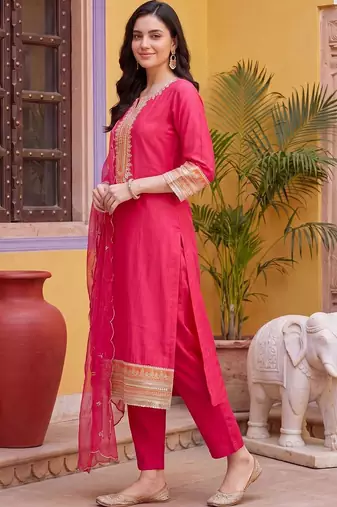 women ethnic motifs embroidered regular thread work kurta with trousers & with dupatta