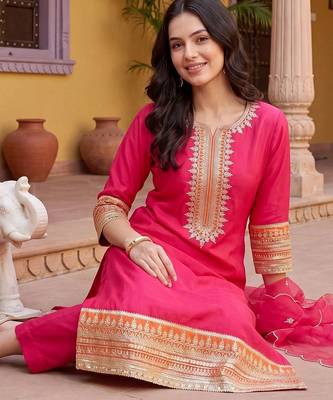 women ethnic motifs embroidered regular thread work kurta with trousers & with dupatta 5