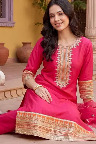 women ethnic motifs embroidered regular thread work kurta with trousers & with dupatta