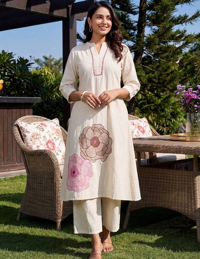 women floral embroidered regular thread work kurta with trousers