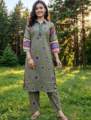 women printed regular cotton kurta with trousers 1