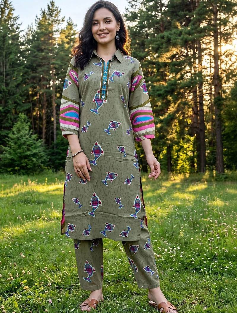 women printed regular cotton kurta with trousers