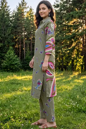 women printed regular cotton kurta with trousers