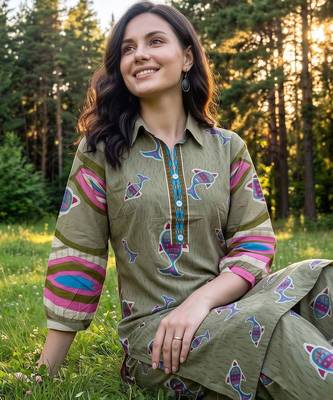 women printed regular cotton kurta with trousers 4