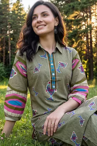 women printed regular cotton kurta with trousers