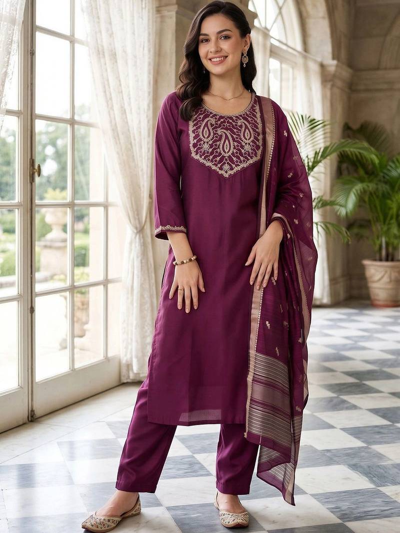 women ethnic motifs embroidered regular thread work kurta with trousers & with dupatta
