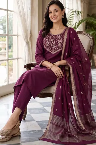 women ethnic motifs embroidered regular thread work kurta with trousers & with dupatta