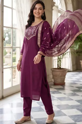 women ethnic motifs embroidered regular thread work kurta with trousers & with dupatta