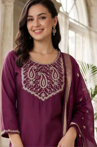 women ethnic motifs embroidered regular thread work kurta with trousers & with dupatta